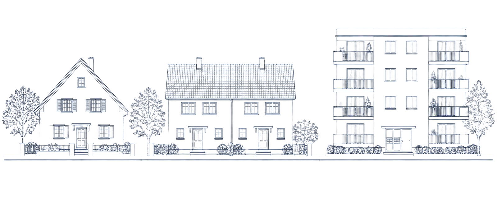 Architektonische Umrisszeichnung einer Wohnstraße mit Einfamilienhaus, Doppelhaus und Mehrfamilienhaus